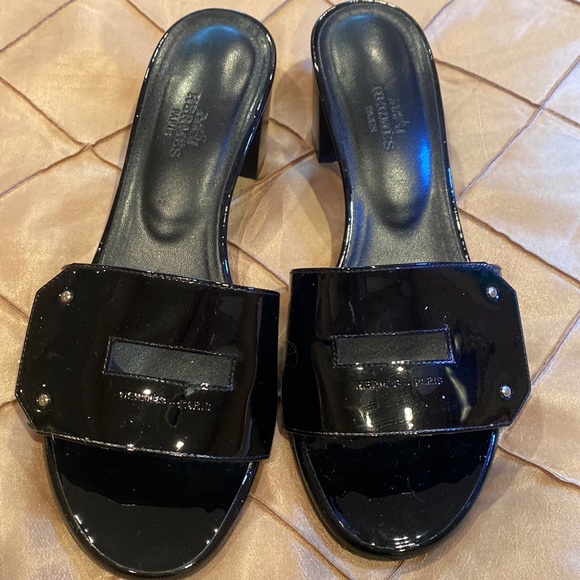 Hermès black patent leather slides, heels, 37 - Picture 1 of 9
